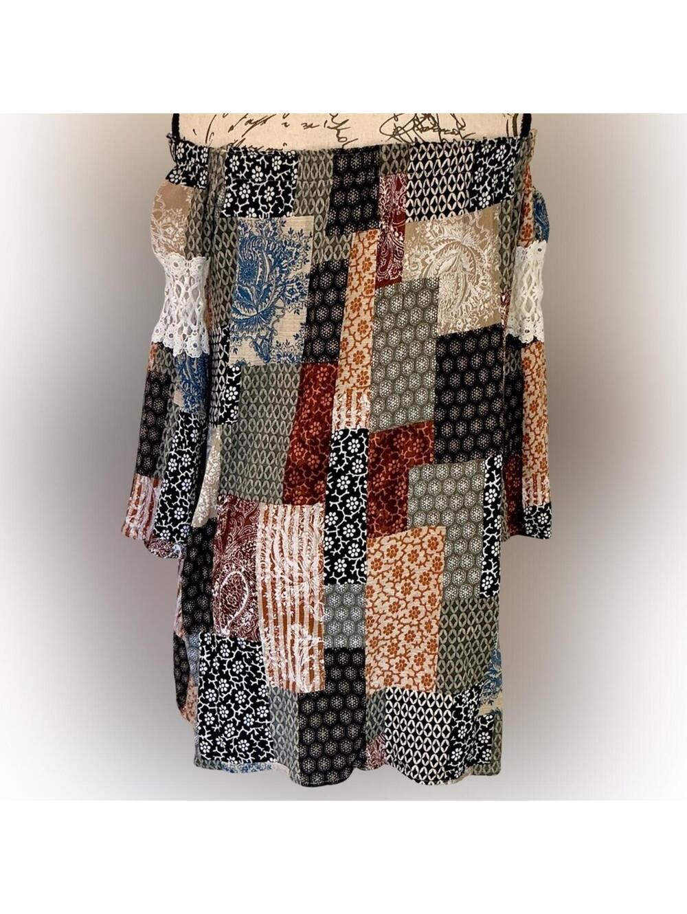 Audrey 3+1 Boho Patchwork Off-Shoulder Tunic Dress – Size Medium - Picture 6 of 6